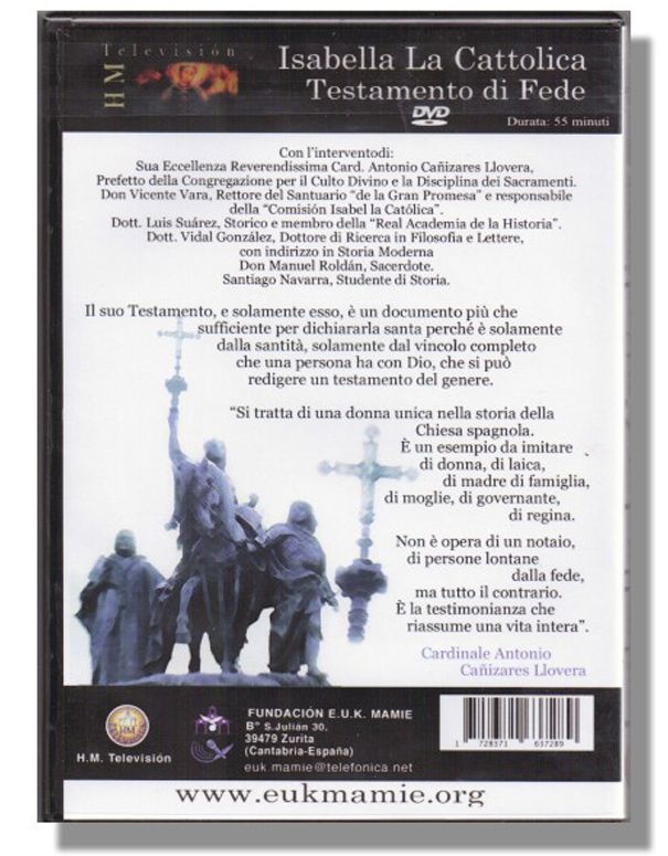 Contraportada en italiano y portugués del DVD Isabella La Cattolica: Testamento di Fede, Custode de un Popolo